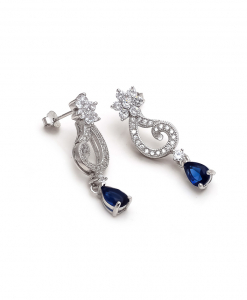 CZ Flower Hanging Earring with Blue Drops
