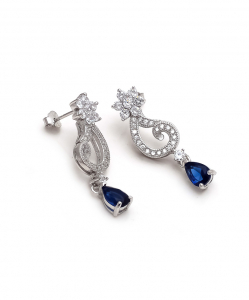 CZ Flower Hanging Earring with Blue Drops