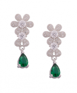 CZ Flower Hanging Earring with Green Drops