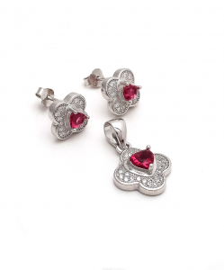 CZ Flower Pendant Set with red Stone